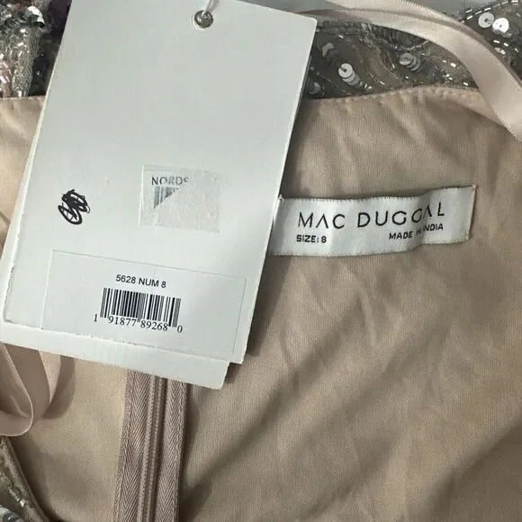 NWT $698 Mac Duggal [ 8 ] 5628 Long Sleeve Embellished Puff Sleeve‎ Gown Nude